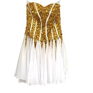 Women’s Strapless Gold Sequin & Rhinestone Mini Dress w/ White Flowy Outer Layer